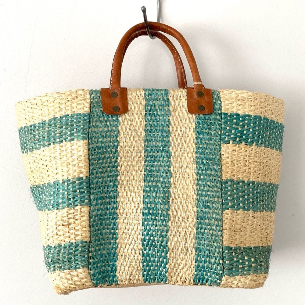 Mar Y Sol X Anthropologie Teal Green Striped Woven Tote Bag Vacation Beachy Nwt